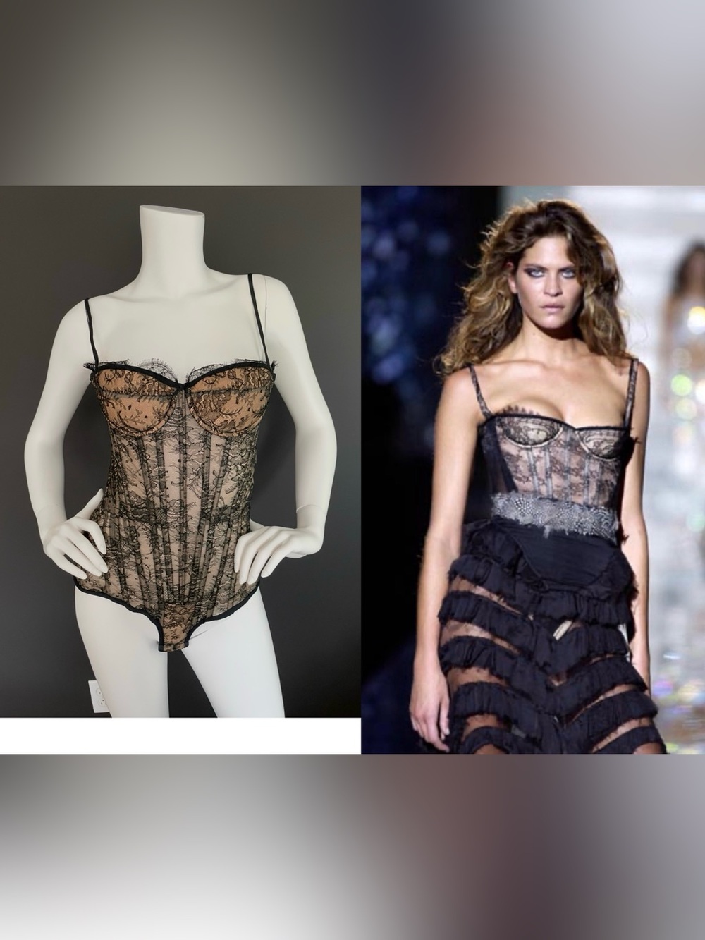 ROBERTO CAVALLI S/S 2003 Vintage Black Lace Overlay Lace Up Corset Bodysuit M